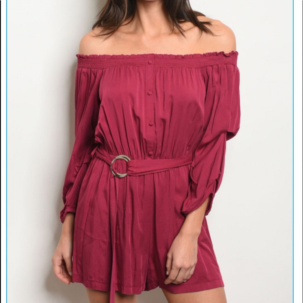 New Wine Off the Shoulder Belted Romper